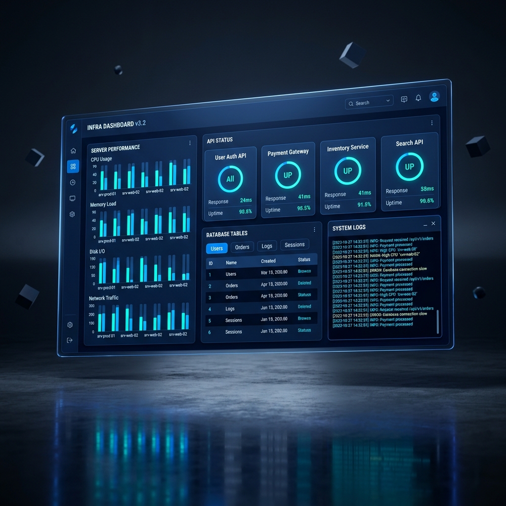 Panel de monitorización de infraestructura backend y bases de datos relacionales