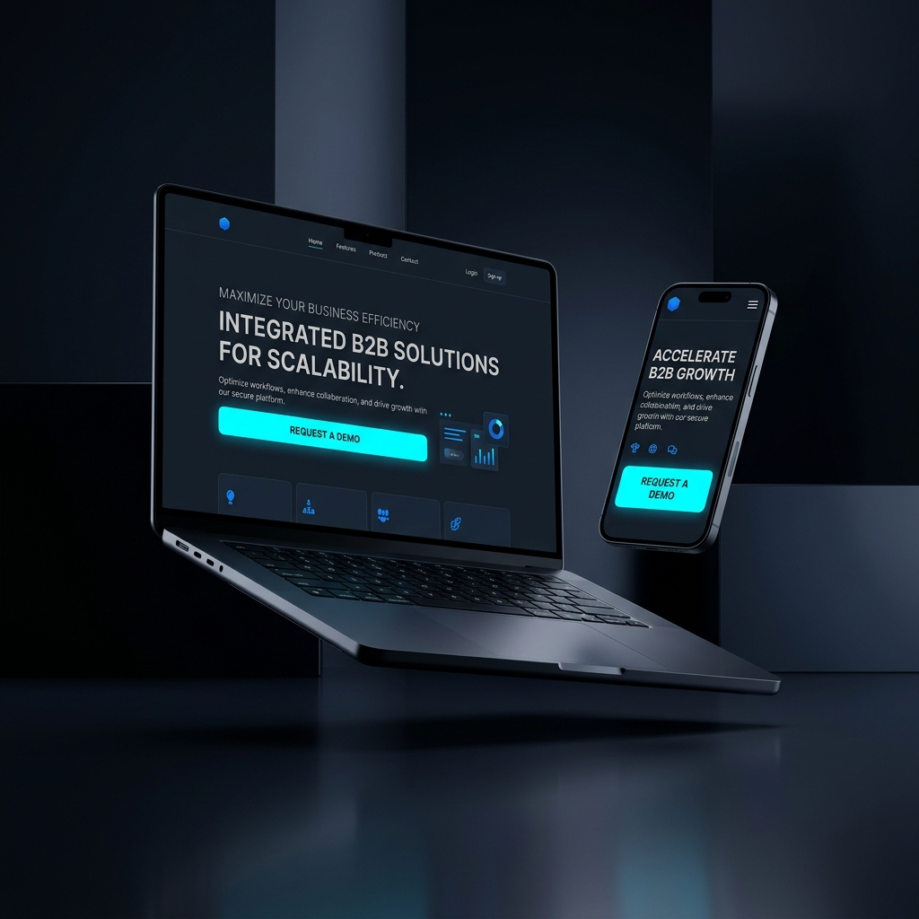 Diseño de página web corporativa en modo oscuro optimizada para dispositivos móviles y escritorio